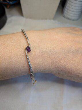 PAJ Gold‑Tone Amethyst Hinged Bangle Bracelet with Safety Clasp – 7"